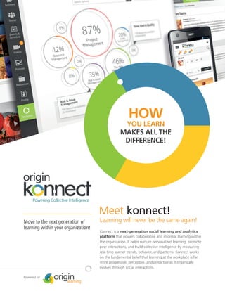 www.originlearning.com
Konnect is a next-generation social learning and analytics
platform that powers collaborative and informal learning within
the organization. It helps nurture personalized learning, promote
peer interactions, and build collective intelligence by measuring
real-time learner trends, behavior, and patterns. Konnect works
on the fundamental belief that learning at the workplace is far
more progressive, perceptive, and predictive as it organically
evolves through social interactions.
HOW
YOU LEARN
MAKES ALL THE
DIFFERENCE!
Meet konnect!
Move to the next generation of
learning within your organization!
Learning will never be the same again!
Powered by
 