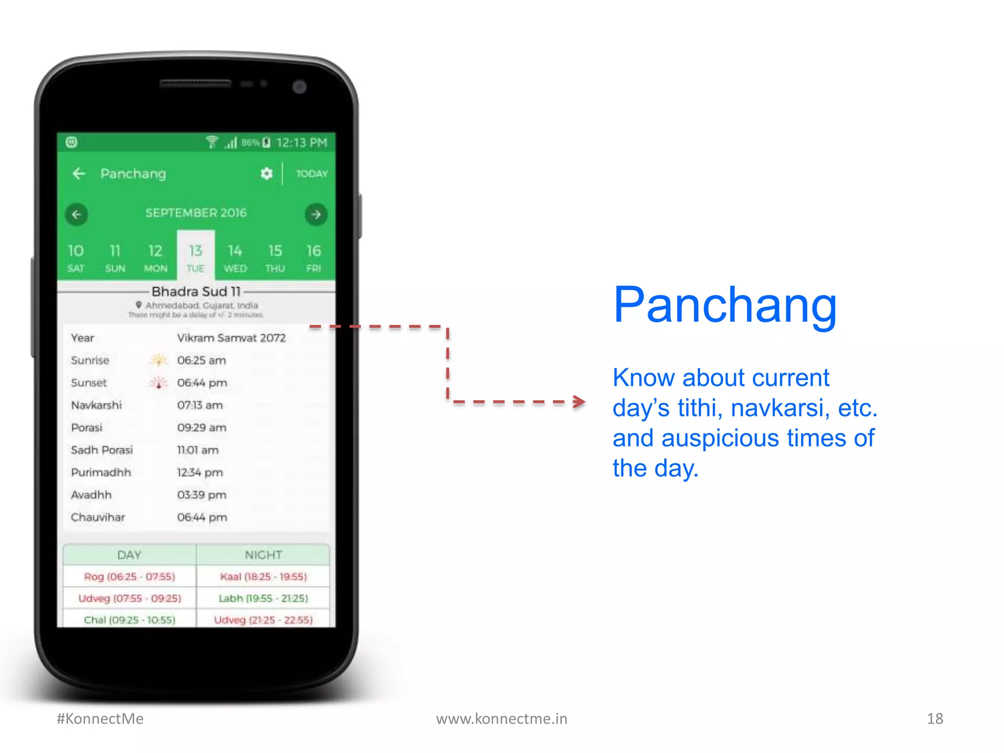 Panchang
Know about current
day’s tithi, navkarsi, etc.
and auspicious times of
the day.
www.konnectme.in	
   18	
  #KonnectMe	
  
 