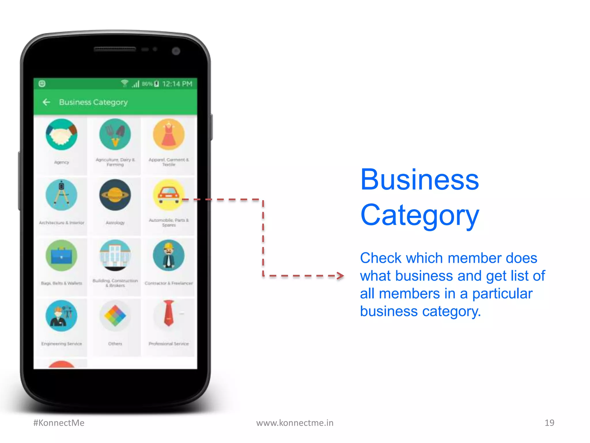 Check which member does
what business and get list of
all members in a particular
business category.
www.konnectme.in	
   19	
  
Business
Category
#KonnectMe	
  
 