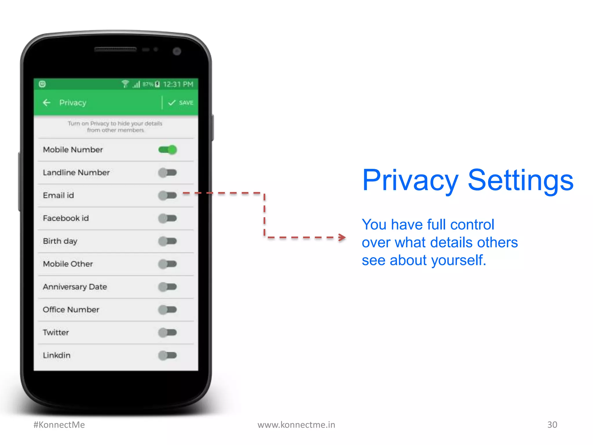 Privacy Settings
You have full control
over what details others
see about yourself.
www.konnectme.in	
   30	
  #KonnectMe	
  
 