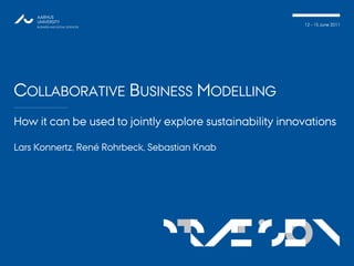 12 – 15 June 2011




COLLABORATIVE BUSINESS MODELLING
How it can be used to jointly explore sustainability innovations

Lars Konnertz, René Rohrbeck, Sebastian Knab




                             pRÆSEN
                              TATION
 