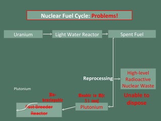 Light Water Reactor Spent Fuel High-level Radioactive Nuclear Waste Plutonium Plutonium Reprocessing Uranium Nuclear Fuel Cycle:  Problems! Un-developable Unable to dispose Unable to Use 31 tons 