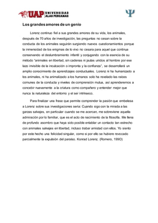 Los grandesamores de un genio
Lorenz continuo fiel a sus grandes amores de su vida, los animales,
después de 70 años de investigación, las preguntas no cesan sobre la
conducta de los animales seguirán surgiendo nuevos cuestionamientos porque
la inmensidad de los enigmas de lo vivo no cesara para aquel que continua
conservando el deslumbramiento infantil y conjugando con la esencia de su
método “animales en libertad, sin cadenas ni jaulas unidos al hombre por ese
lazo invisible de la inculcación o impronta y la confianza”, se desarrollará un
amplio conocimiento de aprendizajes conductuales. Lorenz ni ha humanizado a
los animales, ni ha animalizado a los humanos solo ha revelado las raíces
comunes de la conducta y niveles de comprensión mutua, así aprenderemos a
concebir nuevamente a la criatura como compañero y entender mejor que
nunca la naturaleza del entorno y el ser intrínseco.
Para finalizar una frase que permite comprender la pasión que embelesa
a Lorenz sobre sus investigaciones seria: Cuando sigo con la mirada a las
garzas salvajes, en particular cuando se me acercan, me sobreviene aquella
admiración por lo familiar, que es el acto de nacimiento de la filosofía. Me llena
de profundo asombro que haya sido posible entablar un contacto tan estrecho
con animales salvajes en libertad, incluso trabar amistad con ellos. Yo siento
por este hecho una felicidad singular, como si por ello se hubiere revocado
parcialmente la expulsión del paraíso. Konrad Lorenz. (Romero, 199O)
 