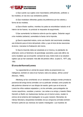 c) Que cuando sus sujetos eran improntados artificialmente, preferían a
los modelos, en vez de a sus verdaderos padres.
d) Que mostraban diferentes grados de preferencia por los colores y
forma de los modelos.
e) Que el factor auditivo, mientras los patos se encontraban todavía en el
interior de los huevos, no producía la respuesta de seguimiento.
f) Que aumentando la distancia sobre la que los sujetos. Deberían seguir
a los modelos (esfuerzo) aumentaba la fuerza de la impronta.
g) Que la capacidad motora, como una función del crecimiento constituía,
una limitación para el inicio del período crítico y que el inicio de las reacciones
de temor, marcaban la finalización del mismo.
h) Que la impronta debe ser estudiada en sí misma y no plantearla de
antemano como un fenómeno de aprendizaje asociativo, pues esto último da
como resultado que se encuentre siempre tal cosa. Sobre todo si se estudian
sujetos que ya han avanzado más allá del período crítico. (Lopéz S., 1977, pág.
189)
El arca de Konrad Lorenz
“La capacidad de un animal de causar daños es proporcional a su
inteligencia, también en esto el ser humano está a la cabeza, afirma Lorenz”
(Romero, 199O).
Altenberg se fue convirtiendo en un verdadero zoológico donde primaba la
paciencia del amigo de los animales con su particular amistad, como prueba de
ello podemos observar en sus dibujos de nuestro genio que en el arca de
Lorenz los niños estaban enjaulados y no los animales, para protegerlos de
monos capuchinos, cacatúas y cuervos. Las cartas a su amigo y maestro Oskar
Heinroth en Berlín con ilustraciones hechas por el mismo Lorenz, revelan lo
cómico de la bohemia del investigador en su gran mansión. Momentos de
intensa felicidad y despedidas inevitables de sus amigos los animales también
formaron parte de sus vivencias de nuestro investigador. Las muestras de
 