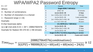 X = Cn
Where:
X - Number of combinations
C - Number of characters in a charset
n - Password range (>=8)
Example:
8 char lowercase alpha
[a-z or (not and) A-Z] = 268
= 208827064576
Example for Radeon R9 270 OC (~98 kH/sek)
WPA/WPA2 Password Entropy
GPU 72
n Charset Time
Single R290 (~140 kH/s)
8 [0-9] = 10 12 minutes
8 [a-z] or [A-Z] = 26 17 days
8 [a-z + 0-9] or [A-Z + 0-9] = 36 233 days
9 [a-z] or [A-Z] = 26 1 year and 83 days
9 [a-z + 0-9] or [A-Z + 0-9] = 36 23 years
8 a-z + A-Z + 0-9 = 62 50 years
12 x R270 (12 x ~100 kH/s)
8 [a-z] or [A-Z] = 26 2 days
8 [a-z + 0-9] or [A-Z + 0-9] = 36 27 days
9 [a-z] or [A-Z] = 26 52 days
Single i5 CPU (~3,3 kH/s) depending on version
8 [a-z] or [A-Z] = 26 2 years and 1 month
 