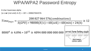 8 char lowercase alpha
[a-z or (not and) A-Z] = 268
= 208827064576
WPA/WPA2 Password Entropy
PASSWORD 78
 