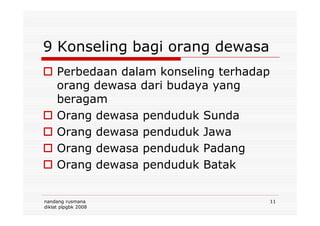 9 Konseling bagi orang dewasa
Perbedaan dalam konseling terhadap
orang dewasa dari budaya yang
beragam
Orang dewasa penduduk Sunda
nandang rusmana
diklat plpgbk 2008
11
Orang dewasa penduduk Sunda
Orang dewasa penduduk Jawa
Orang dewasa penduduk Padang
Orang dewasa penduduk Batak
 