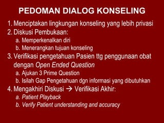 PEDOMAN DIALOG KONSELING 
1. Menciptakan lingkungan konseling yang lebih privasi 
2. Diskusi Pembukaan: 
a. Memperkenalkan diri 
b. Menerangkan tujuan konseling 
3. Verifikasi pengetahuan Pasien ttg penggunaan obat 
dengan Open Ended Question 
a. Ajukan 3 Prime Question 
b. Isilah Gap Pengetahuan dgn informasi yang dibutuhkan 
4. Mengakhiri Diskusi  Verifikasi Akhir: 
a. Patient Playback 
b. Verify Patient understanding and accuracy 
 