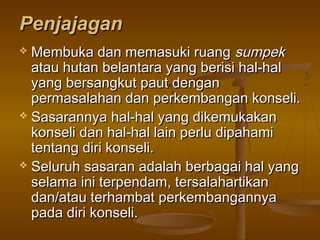 PenjajaganPenjajagan
 Membuka dan memasuki ruangMembuka dan memasuki ruang sumpeksumpek
atau hutan belantara yang berisi hal-halatau hutan belantara yang berisi hal-hal
yang bersangkut paut denganyang bersangkut paut dengan
permasalahan dan perkembangan konseli.permasalahan dan perkembangan konseli.
 Sasarannya hal-hal yang dikemukakanSasarannya hal-hal yang dikemukakan
konseli dan hal-hal lain perlu dipahamikonseli dan hal-hal lain perlu dipahami
tentang diri konseli.tentang diri konseli.
 Seluruh sasaran adalah berbagai hal yangSeluruh sasaran adalah berbagai hal yang
selama ini terpendam, tersalahartikanselama ini terpendam, tersalahartikan
dan/atau terhambat perkembangannyadan/atau terhambat perkembangannya
pada diri konseli.pada diri konseli.
 