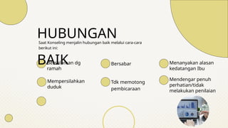Bersalaman dg
ramah
Mempersilahkan
duduk
Bersabar
Tdk memotong
pembicaraan
Menanyakan alasan
kedatangan Ibu
Mendengar penuh
perhatian/tidak
melakukan penilaian
HUBUNGAN
BAIK
Saat Konseling menjalin hubungan baik melalui cara-cara
berikut ini:
 