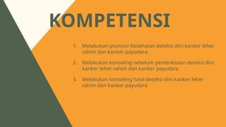 1. Melakukan promosi Kesehatan deteksi dini kanker leher
rahim dan kanker payudara.
2. Melakukan konseling sebelum pemeriksaan deteksi dini
kanker leher rahim dan kanker payudara
3. Melakukan konseling hasil deteksi dini kanker leher
rahim dan kanker payudara
KOMPETENSI
 
