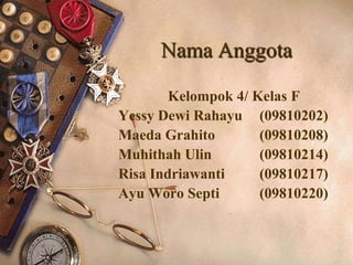 Nama Anggota

        Kelompok 4/ Kelas F
Yessy Dewi Rahayu (09810202)
Maeda Grahito        (09810208)
Muhithah Ulin        (09810214)
Risa Indriawanti     (09810217)
Ayu Woro Septi       (09810220)
 