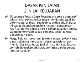 DASAR PENILAIAN
              1. NILAI KELUARAN
a) Discounted Future Cash Receipts or service potensial,
   adalah nilai sekarang kas masa mendatang yg akan
   diterima perusahaan seandainya aktiva dijual. Dasar
   ini dapat digunakan apabila harapan penerimaan
   kas / setaranya dapat ditaksir cukup pasti dan jangka
   waktu penerimaan cukup panjang, tetapi tanggal
   penerimaan pasti.
b) Harga keluaran sekarang (current output price)Harga
   pasar sekarang merupakan dasar yg rasional utk
   menilai besarnya harga jual di masa datang. Sebagai
   contoh digunakan utk surat berharga dan beberapa
   jenis persediaan

                         Siti Maghfiroh                    12
 