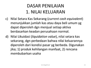 DASAR PENILAIAN
              1. NILAI KELUARAN
c) Nilai Setara Kas Sekarang (current cash equivalent)
   menunjukkan jumlah kas atau daya beli umum yg
   dapat diperoleh dgn menjual setiap aktiva
   berdasarkan keadan perusahaan normal.
d) Nilai Likuidasi (liquidation value), nilai setara kas
   sekarang, dgn perbedaan bahwa nilai keluarannya
   diperoleh dari kondisi pasar yg berbeda. Digunakan
   jika; 1) produk kehilangan manfaat, 2) rencana
   membubarkan usaha


                         Siti Maghfiroh                13
 