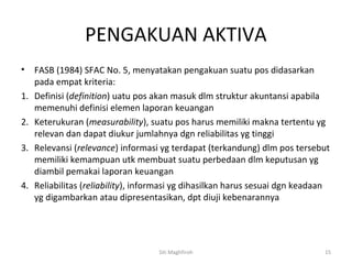 PENGAKUAN AKTIVA
•    FASB (1984) SFAC No. 5, menyatakan pengakuan suatu pos didasarkan
     pada empat kriteria:
1.   Definisi (definition) uatu pos akan masuk dlm struktur akuntansi apabila
     memenuhi definisi elemen laporan keuangan
2.   Keterukuran (measurability), suatu pos harus memiliki makna tertentu yg
     relevan dan dapat diukur jumlahnya dgn reliabilitas yg tinggi
3.   Relevansi (relevance) informasi yg terdapat (terkandung) dlm pos tersebut
     memiliki kemampuan utk membuat suatu perbedaan dlm keputusan yg
     diambil pemakai laporan keuangan
4.   Reliabilitas (reliability), informasi yg dihasilkan harus sesuai dgn keadaan
     yg digambarkan atau dipresentasikan, dpt diuji kebenarannya




                                     Siti Maghfiroh                            15
 