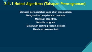 Click to edit Master title style
6 6
2.1.1 Notasi Algoritma (Tahapan Pemrograman)
Mengerti permasalahan yang akan diselesaikan.
Menganalisa penyelesaian masalah.
Membuat algoritma.
Menulis program.
Melakukan testing program selesai.
Membuat dokumentasi.
 
