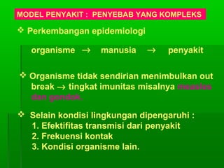 MODEL PENYAKIT : PENYEBAB YANG KOMPLEKS
 Perkembangan epidemiologi
organisme manusia penyakit
 Organisme tidak sendirian menimbulkan out
break → tingkat imunitas misalnya measles
dan gondok.
 Selain kondisi lingkungan dipengaruhi :
1. Efektifitas transmisi dari penyakit
2. Frekuensi kontak
3. Kondisi organisme lain.
→ →
 
