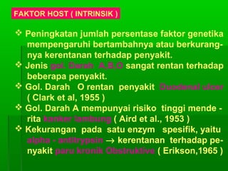 FAKTOR HOST ( INTRINSIK )
 Peningkatan jumlah persentase faktor genetika
mempengaruhi bertambahnya atau berkurang-
nya kerentanan terhadap penyakit.
 Jenis gol. Darah A,B,O sangat rentan terhadap
beberapa penyakit.
 Gol. Darah O rentan penyakit Duodenal ulcer
( Clark et al, 1955 )
 Gol. Darah A mempunyai risiko tinggi mende -
rita kanker lambung ( Aird et al., 1953 )
 Kekurangan pada satu enzym spesifik, yaitu
alpha - antitrypsin → kerentanan terhadap pe-
nyakit paru kronik Obstruktive ( Erikson,1965 )
 
