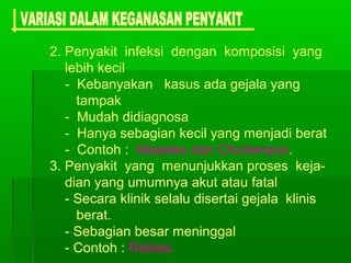 2. Penyakit infeksi dengan komposisi yang
lebih kecil
- Kebanyakan kasus ada gejala yang
tampak
- Mudah didiagnosa
- Hanya sebagian kecil yang menjadi berat
- Contoh : Measles dan Chickenpox.
3. Penyakit yang menunjukkan proses keja-
dian yang umumnya akut atau fatal
- Secara klinik selalu disertai gejala klinis
berat.
- Sebagian besar meninggal
- Contoh : Rabies.
 