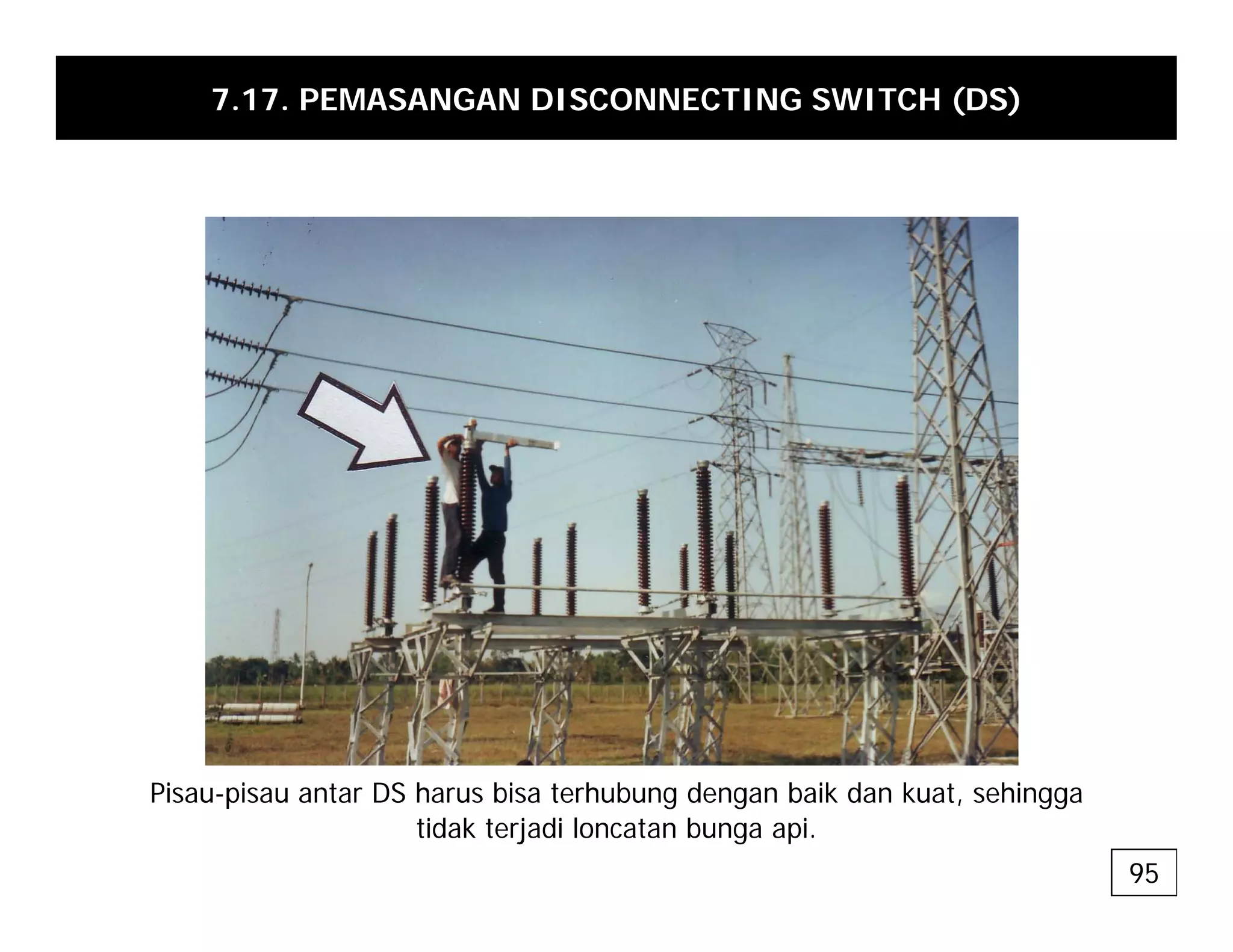 7.17. PEMASANGAN DISCONNECTING SWITCH (DS)
95
Pisau-pisau antar DS harus bisa terhubung dengan baik dan kuat, sehingga
tidak terjadi loncatan bunga api.
 