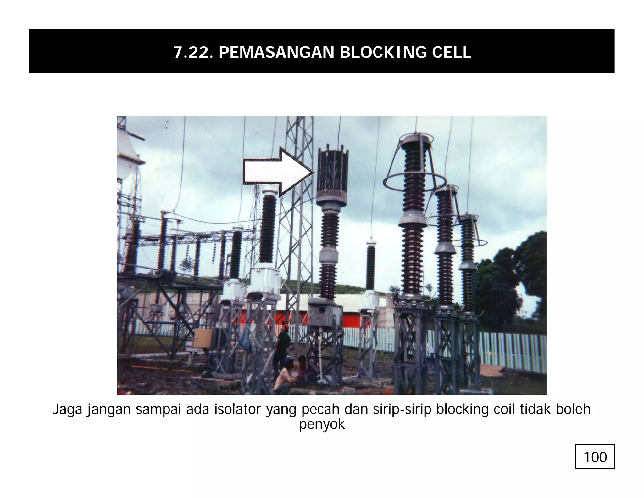 7.22. PEMASANGAN BLOCKING CELL
Jaga jangan sampai ada isolato ang pecah dan si ip si ip blocking coil tidak boleh
Jaga jangan sampai ada isolator yang pecah dan sirip-sirip blocking coil tidak boleh
penyok
100
 