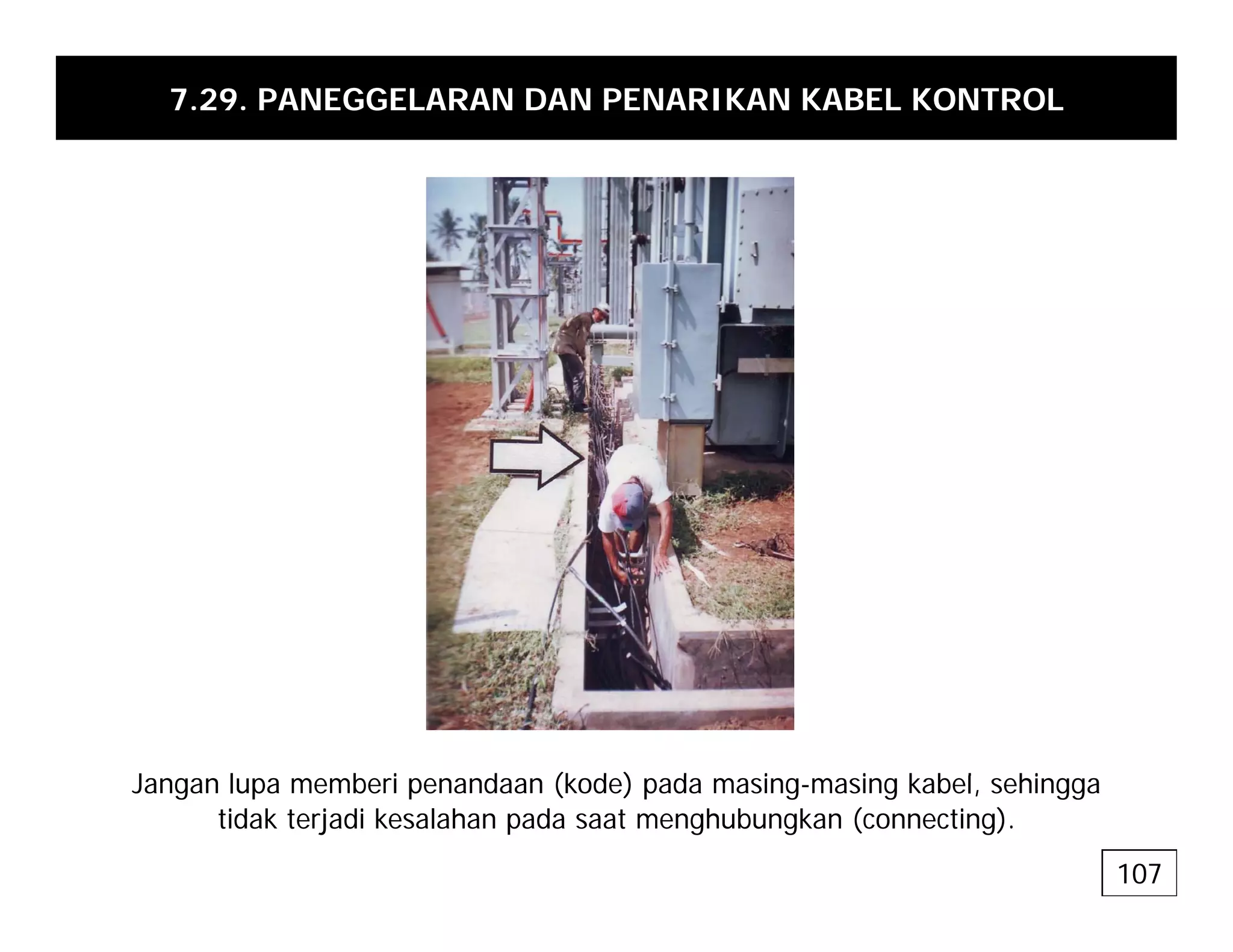 7.29. PANEGGELARAN DAN PENARIKAN KABEL KONTROL
J l b i d (k d ) d i i k b l hi
Jangan lupa memberi penandaan (kode) pada masing-masing kabel, sehingga
tidak terjadi kesalahan pada saat menghubungkan (connecting).
107
 