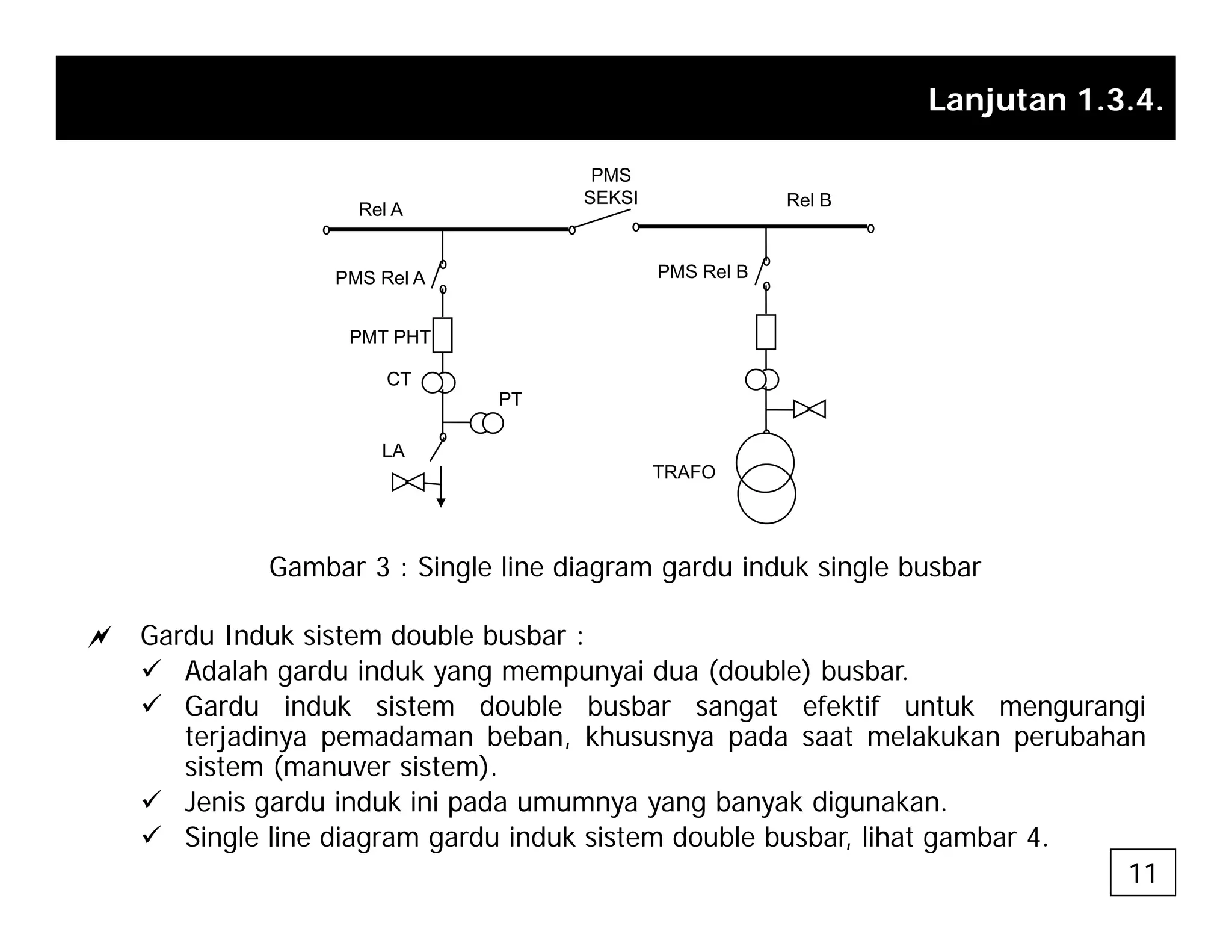 Lanjutan 1.3.4.
PMS
Rel A
Rel B
PMS
SEKSI
PMS Rel A PMS Rel B
PMT PHT
CT
PT
LA
TRAFO
a Gardu Induk sistem double busbar :
Gambar 3 : Single line diagram gardu induk single busbar
9 Adalah gardu induk yang mempunyai dua (double) busbar.
9 Gardu induk sistem double busbar sangat efektif untuk mengurangi
terjadinya pemadaman beban, khususnya pada saat melakukan perubahan
sistem (manuver sistem).
sistem (manuver sistem).
9 Jenis gardu induk ini pada umumnya yang banyak digunakan.
9 Single line diagram gardu induk sistem double busbar, lihat gambar 4.
11
 