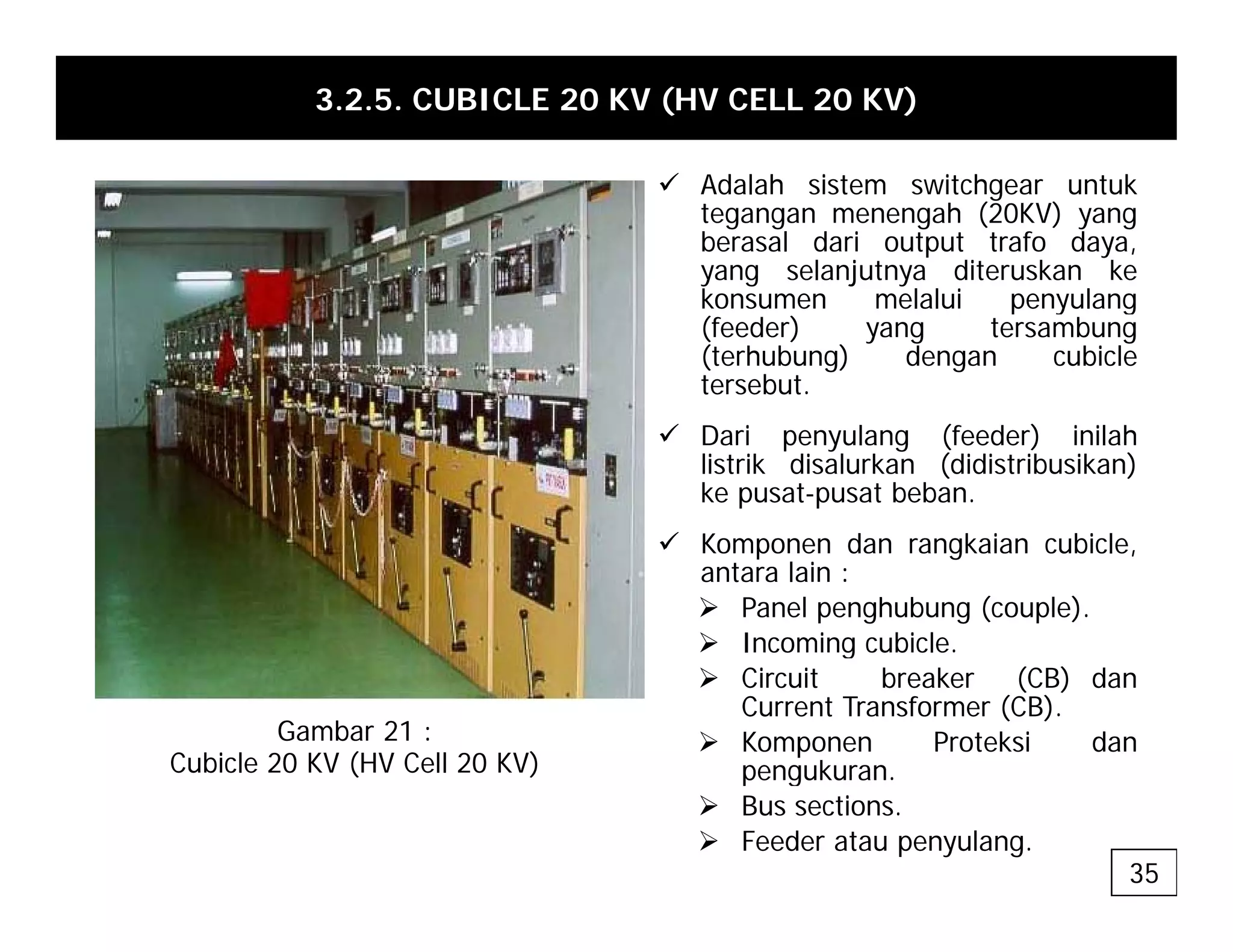 3.2.5. CUBICLE 20 KV (HV CELL 20 KV)
9 Ad l h i t it h t k
9 Adalah sistem switchgear untuk
tegangan menengah (20KV) yang
berasal dari output trafo daya,
yang selanjutnya diteruskan ke
konsumen melalui penyulang
konsumen melalui penyulang
(feeder) yang tersambung
(terhubung) dengan cubicle
tersebut.
9 Dari penyulang (feeder) inilah
listrik disalurkan (didistribusikan)
ke pusat-pusat beban.
9 K d k i bi l
9 Komponen dan rangkaian cubicle,
antara lain :
¾ Panel penghubung (couple).
¾ Incoming cubicle.
g
¾ Circuit breaker (CB) dan
Current Transformer (CB).
¾ Komponen Proteksi dan
pengukuran
Gambar 21 :
Cubicle 20 KV (HV Cell 20 KV) pengukuran.
¾ Bus sections.
¾ Feeder atau penyulang.
( )
35
 