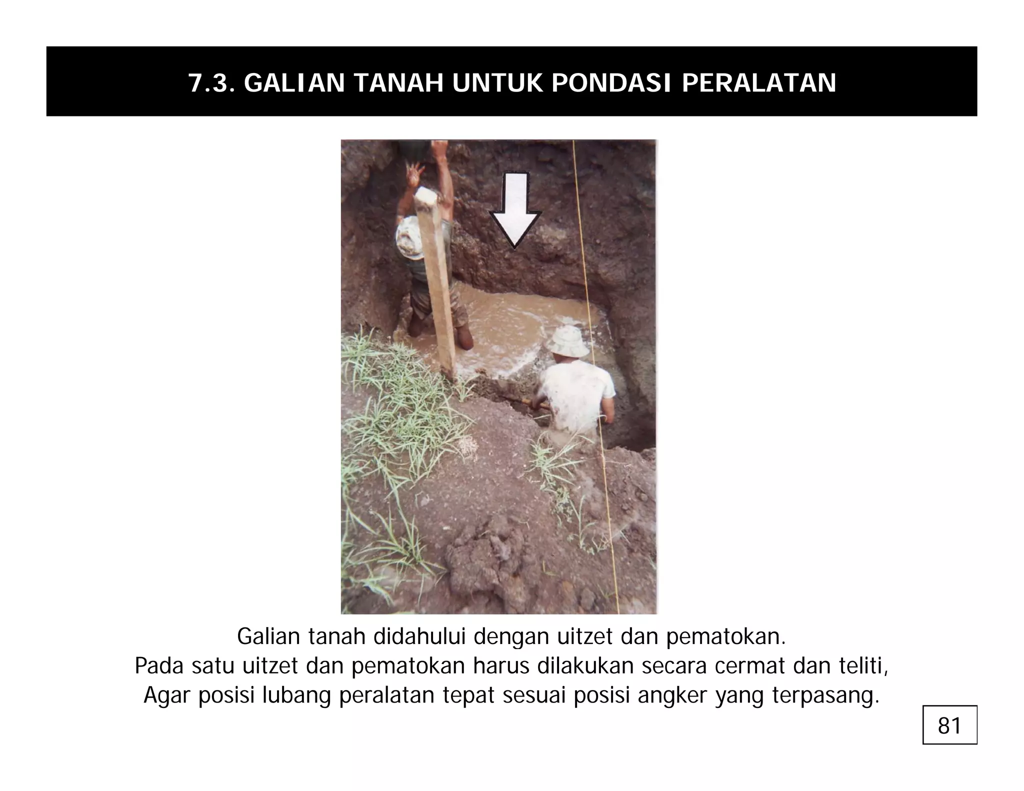 7.3. GALIAN TANAH UNTUK PONDASI PERALATAN
Galian tanah didahului dengan uitzet dan pematokan.
g p
Pada satu uitzet dan pematokan harus dilakukan secara cermat dan teliti,
Agar posisi lubang peralatan tepat sesuai posisi angker yang terpasang.
81
 