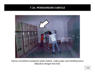 7.26. PEMASANGAN CUBICLE
K itifit k d C bi l k d t h dli h
Karena sensitifitas komponen pada Cubicle, maka pada saat handling harus
dilakukan dengan hati-hati.
104
 