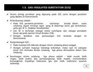 1.5. GAS INSULATED SUBSTATION (GIS)
a Secara prinsip peralatan yang dipasang pada GIS sama dengan peralatan
yang dipakai GI Konvensional.
a Perbedaannya adalah :
9 Pada GIS peralatan-peralatan utamanya berada dalam suatu
selubung logam tertutup rapat, yang di dalamnya berisi gas bertekanan,
yaitu gas SF 6 (Sulphur Hexafluorida).
9 Gas SF 6 berfungsi sebagai isolasi switchgear dan sebagai pemadam
Gas SF 6 berfungsi sebagai isolasi switchgear dan sebagai pemadam
busur api pada operasi Circuit Breaker (CB).
9 Dengan demikian cara pemasangan GIS berbeda dengan GI
Konvensional.
a Pengembangan GIS :
9 Pada mulanya GIS didesain dengan sistem selubung phasa tunggal.
9 Dengan semakin majunya teknologi kelistrikan, maka saat ini sebagian
b GIS k i d i l b ti h di kk d l t
besar GIS memakai desain selubung tiga phasa dimasukkan dalam satu
selubung.
a Keuntungan sistem selubung tiga phasa adalah : lebih murah, lebih
ringan lebih praktis dan pemasangannya lebih mudah meminimalkan
ringan, lebih praktis dan pemasangannya lebih mudah, meminimalkan
kemungkinan terjadinya kebocoran gas dan lebih sederhana susunan
isolasinya.
15
 