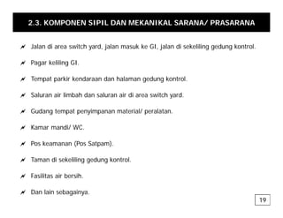 2.3. KOMPONEN SIPIL DAN MEKANIKAL SARANA/ PRASARANA
a Jalan di area switch yard, jalan masuk ke GI, jalan di sekeliling gedung kontrol.
a Pagar keliling GI.
a Tempat parkir kendaraan dan halaman gedung kontrol.
a Saluran air limbah dan saluran air di area switch yard
a Saluran air limbah dan saluran air di area switch yard.
a Gudang tempat penyimpanan material/ peralatan.
a Kamar mandi/ WC.
a Pos keamanan (Pos Satpam).
a Taman di sekeliling gedung kontrol.
a Fasilitas air bersih.
a Fasilitas air bersih.
a Dan lain sebagainya.
19
 