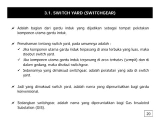3.1. SWITCH YARD (SWITCHGEAR)
a Adalah bagian dari gardu induk yang dijadikan sebagai tempat peletakan
komponen utama gardu induk.
a Pemahaman tentang switch yard, pada umumnya adalah :
9 Jika komponen utama gardu induk terpasang di area terbuka yang luas, maka
disebut switch yard
disebut switch yard.
9 Jika komponen utama gardu induk terpasang di area terbatas (sempit) dan di
dalam gedung, maka disebut switchgear.
9 Sebenarnya yang dimaksud switchgear adalah peralatan yang ada di switch
9 Sebenarnya yang dimaksud switchgear, adalah peralatan yang ada di switch
yard.
a J di di k d it h d d l h di t kk b i d
a Jadi yang dimaksud switch yard, adalah nama yang diperuntukkan bagi gardu
konvensional.
a Sedangkan switchgear, adalah nama yang diperuntukkan bagi Gas Insulated
Substation (GIS).
20
 