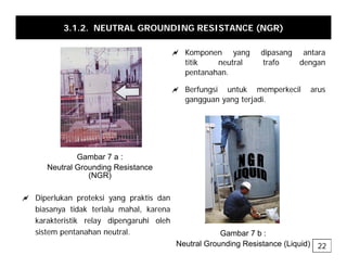 3.1.2. NEUTRAL GROUNDING RESISTANCE (NGR)
a K di
a Komponen yang dipasang antara
titik neutral trafo dengan
pentanahan.
a Berfungsi untuk memperkecil arus
gangguan yang terjadi.
Gambar 7 a :
Neutral Grounding Resistance
(NGR)
a Diperlukan proteksi yang praktis dan
biasanya tidak terlalu mahal, karena
k kt i tik l di hi l h
karakteristik relay dipengaruhi oleh
sistem pentanahan neutral. Gambar 7 b :
Neutral Grounding Resistance (Liquid) 22
 