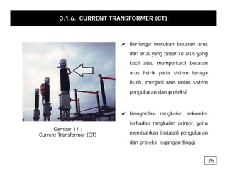 3.1.6. CURRENT TRANSFORMER (CT)
a Berfungsi merubah besaran arus
dari arus yang besar ke arus yang
dari arus yang besar ke arus yang
kecil atau memperkecil besaran
arus listrik pada sistem tenaga
listrik, menjadi arus untuk sistem
pengukuran dan proteksi.
a Mengisolasi rangkaian sekunder
terhadap rangkaian primer, yaitu
memisahkan instalasi pengukuran
dan proteksi tegangan tinggi
Gambar 11 :
Current Transformer (CT)
dan proteksi tegangan tinggi.
26
 