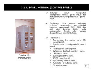 3.2.1. PANEL KONTROL (CONTROL PANEL)
a Berfungsi untuk mengetahui
a Berfungsi untuk mengetahui
(mengontrol) kondisi gardu induk dan
merupakan pusat pengendali lokal gardu
induk.
a Didalamnya berisi sakelar, indikator-
indikator, meter-meter, tombol-tombol
komando operasional PMT, PMS dan
alat ukur besaran listrik, serta
announciator. Berada satu ruangan
announciator. Berada satu ruangan
dengan tempat operator bekerja.
a Terdiri dari :
9 Transmission line control panel (TL
Transmission line control panel (TL
control panel).
9 Transformator control panel (TL control
panel).
9 Fault recorder control panel.
p
9 KWh meter dan fault recorder panel.
9 LRT control panel.
9 Bus couple control panel.
9 AC/DC control panel.
Gambar 17 :
Panel Kontrol AC/DC control panel.
9 Syncronizing control panel.
9 Automatic FD switching panel.
9 D/L control panel. 31
 