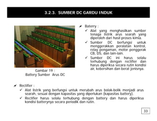 3.2.3. SUMBER DC GARDU INDUK
a Baterry :
9 Alat yang menghasilkan sumber
tenaga listrik arus searah yang
diperoleh dari hasil proses kimia
diperoleh dari hasil proses kimia.
9 Sumber DC berfungsi untuk
menggerakkan peralatan kontrol,
relay pengaman, motor penggerak
CB DS dan lain lain
CB, DS, dan lain-lain.
9 Sumber DC ini harus selalu
terhubung dengan rectifier dan
harus diperiksa secara rutin kondisi
air kebersihan dan berat jenisnya
air, kebersihan dan berat jenisnya.
Gambar 19 :
Battery Sumber Arus DC
a Rectifier :
9 Alat listrik yang berfungsi untuk merubah arus bolak-bolik menjadi arus
searah, sesuai dengan kapasitas yang diperlukan (kapasitas battery).
9 Rectifier harus selalu terhubung dengan battery dan harus diperiksa
9 Rectifier harus selalu terhubung dengan battery dan harus diperiksa
kondisi batterynya secara periodik dan rutin.
33
 