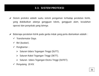 3.3. SISTEM PROTEKSI
a Sistem proteksi adalah suatu sistem pengaman terhadap peralatan listrik,
yang diakibatkan adanya gangguan teknis, gangguan alam, kesalahan
operasi dan penyebab yang lainnya.
a Beberapa peralatan listrik pada gardu induk yang perlu diamankan adalah :
9 Transformator Daya.
9 Rel (busbar)
9 Rel (busbar).
9 Penghantar :
¾ Saluran Udara Tegangan Tinggi (SUTT).
g g gg ( )
¾ Saluran Kabel Tegangan Tinggi (SKTT).
¾ Saluran Udara Tegangan Ekstra Tinggi (SUTET).
9 Penyulang 20 KV.
36
 