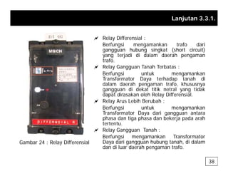Lanjutan 3.3.1.
a Relay Differensial :
Berfungsi mengamankan trafo dari
gangguan hubung singkat (short circuit)
yang terjadi di dalam daerah pengaman
yang terjadi di dalam daerah pengaman
trafo.
a Relay Gangguan Tanah Terbatas :
Berfungsi untuk mengamankan
T f D h d h di
Transformator Daya terhadap tanah di
dalam daerah pengaman trafo, khususnya
gangguan di dekat titik netral yang tidak
dapat dirasakan oleh Relay Differensial.
a R l A L bih B b h
a Relay Arus Lebih Berubah :
Berfungsi untuk mengamankan
Transformator Daya dari gangguan antara
phasa dan tiga phasa dan bekerja pada arah
tertentu.
a Relay Gangguan Tanah :
Berfungsi mengamankan Transformator
Daya dari gangguan hubung tanah, di dalam
Gambar 24 : Relay Differensial Daya dari gangguan hubung tanah, di dalam
dan di luar daerah pengaman trafo.
Gambar 24 : Relay Differensial
38
 