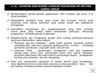 4.12. TAHAPAN DAN RUANG LINGKUP PEKERJAAN UP-RATING
GARDU INDUK
a Mempersiapkan gambar-gambar pelaksanaan time schedule dan kurva S di
a Mempersiapkan gambar gambar pelaksanaan, time schedule dan kurva S di
lokasi pekerjaan.
a Menyediakan peralatan kerja yang sesuai dan memadai, karena pada
umumnya areal (lokasi) pekerjaan yang sangat sempit dan padadaerah
y ( ) p j y g g p p
bertegangan.
a Intensifikasi pengawasan dan pengkoordinasian yang ketat terhadap
semua pihak yang terlibat dalam pelaksanaan pekerjaan, khususnya
pengawasan terhadap pekerja di lapangan
pengawasan terhadap pekerja di lapangan.
a Menginventarisir dan mengetahui dengan pasti tentang pekerjaan-pekerjaan
yang akan dilaksanakan, yang meliputi :
9 Pekerjaan sipil dan mekanikal : galian tanah pondasi peralatan pondasi
9 Pekerjaan sipil dan mekanikal : galian tanah, pondasi, peralatan, pondasi
serandang post, cable duct, perluasan gedung kontrol, erection serandang
(peralatan, post/beam), urug balik tanah, dan lain-lain.
9 Pekerjaan listrik : pemasangan/ penggantian trafo dan komponen
lainnya pada switch yard pemasangan panel atau cubicle tambahan
lainnya pada switch yard, pemasangan panel atau cubicle tambahan,
penarikan kabel power dan kabel kontrol, pemasangan busbar, pengkabelan
(wiring) antar peralatan, dan lain sebagainya.
a Pada saat melaksnakan pekerjaan di bawah daerah yang bertegangan,
p j y g g g
harus diperhatikan benar jarak bebas (clearance) antara peralatan kerja dan
para pekerja terhadap peralatan yang bertegangan tersebut.
65
 