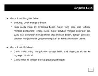 Lanjutan 1.3.2.
a Gardu Induk Pengatur Beban :
9 Berfungsi untuk mengatur beban.
g g
9 Pada gardu induk ini terpasang beban motor, yang pada saat tertentu
menjadi pembangkit tenaga listrik, motor berubah menjadi generator dan
suatu saat generator menjadi motor atau menjadi beban, dengan generator
berubah menjadi motor yang memompakan air kembali ke kolam utama.
a Gardu Induk Distribusi :
9 Gardu induk yang menyalurkan tenaga listrik dari tegangan sistem ke
y g y g g g
tegangan distribusi.
9 Gardu induk ini terletak di dekat pusat-pusat beban.
7
 
