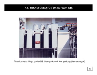 7.1. TRANSFORMATOR DAYA PADA GIS
Transformator Daya pada GIS ditempatkan di luar gedung (luar ruangan)
Transformator Daya pada GIS ditempatkan di luar gedung (luar ruangan)
79
 