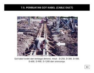 7.5. PEMBUATAN GOT KABEL (CABLE DUCT)
Got kabel terdiri dari berbagai dimensi, misal : D-250, D-300, D-400,
g , , , ,
D-600, D-900, D-1200 dan seterusnya.
83
 
