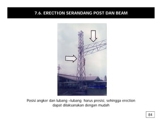 7.6. ERECTION SERANDANG POST DAN BEAM
Posisi angker dan lubang –lubang harus presisi, sehingga erection
g g g p , gg
dapat dilaksanakan dengan mudah
84
 