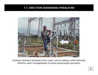 7.7. ERECTION SERANDANG PERALATAN
Dudukan (plendes) peralatan harus tepat, karena adanya selisih beberapa
(p ) p p , y p
milimeter akan mengakibatkan kesulitan pemasangan peralatan.
85
 