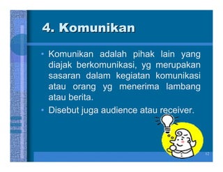 4. Komunikan

• Komunikan adalah pihak lain yang
  diajak berkomunikasi, yg merupakan
  sasaran dalam kegiatan komunikasi
  atau orang yg menerima lambang
  atau berita.
• Disebut juga audience atau receiver.



                                         12
 