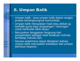 6. Umpan Balik
• Umpan balik : arus umpan balik dalam rangka
  proses berlangsungnya komunikasi.
• Umpan balik merupakan hasil atau akibat yg
  berbalik guna bagi rangsangan / dorongan
  untuk bertindak lebih lanjut.
• Merupakan tanggapan langsung dari
  pengamatan sebagai hasil kelakuan individu
  terhadap individu lain.
• Secara sederhana dapat dikatakan bahwa
  umpan balik merupakan kebalikan dari proses
  stimulus-respons.

                                                14
 