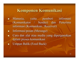 Komponen Komunikasi
Manusia,     yaitu    pemberi     informasi
(Komunikator / Sender) dan Penerima
informasi (Komunikan / Receiver)
Informasi/pesan (Message)
Cara dan alat atau media yang dipergunakan
dalam proses komunikasi
Umpan Balik (Feed Back)

                                         18
 