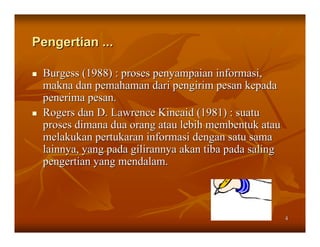 Pengertian ...

 Burgess (1988) : proses penyampaian informasi,
 makna dan pemahaman dari pengirim pesan kepada
 penerima pesan.
 Rogers dan D. Lawrence Kincaid (1981) : suatu
 proses dimana dua orang atau lebih membentuk atau
 melakukan pertukaran informasi dengan satu sama
 lainnya, yang pada gilirannya akan tiba pada saling
 pengertian yang mendalam.



                                                       4
 