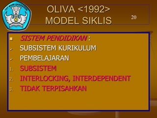 OLIVA <1992>
MODEL SIKLIS
 SISTEM PENDIDIKAN :
 SUBSISTEM KURIKULUM
 PEMBELAJARAN
1. SUBSISTEM
2. INTERLOCKING, INTERDEPENDENT
3. TIDAK TERPISAHKAN
20
 